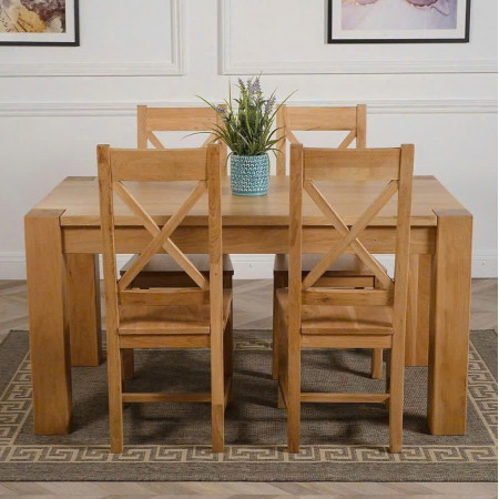 Chunky 1m2 : Bàn Ăn Gỗ Sồi 1m2 + 4 Ghế ( Lưng X - Mặt Ghế Gỗ )